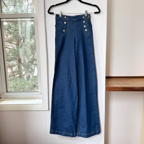 Frame Sailor Snap High Rise Wide Leg Jeans Denim Dark Wash Blue Adele - Picture 6 of 14